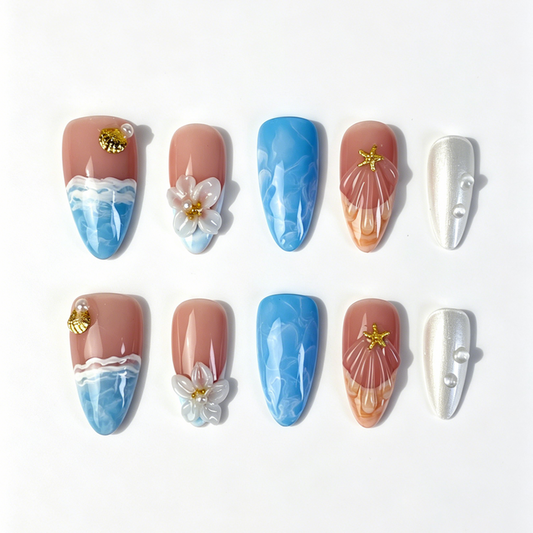 Medium Almond Press On Nails, Handmade Ocean Wave Fake Nails, Nude Blue 3D Flower Starfish Shell Pearl Summer Beach Nail Art Set