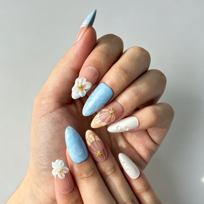 Close Up Hand Painted Nail Art, Ocean Water Wave 3D Floral Starfish Shell Pearl Decor, Medium Almond Nude Blue Gradient Press On Nail Detail Shot