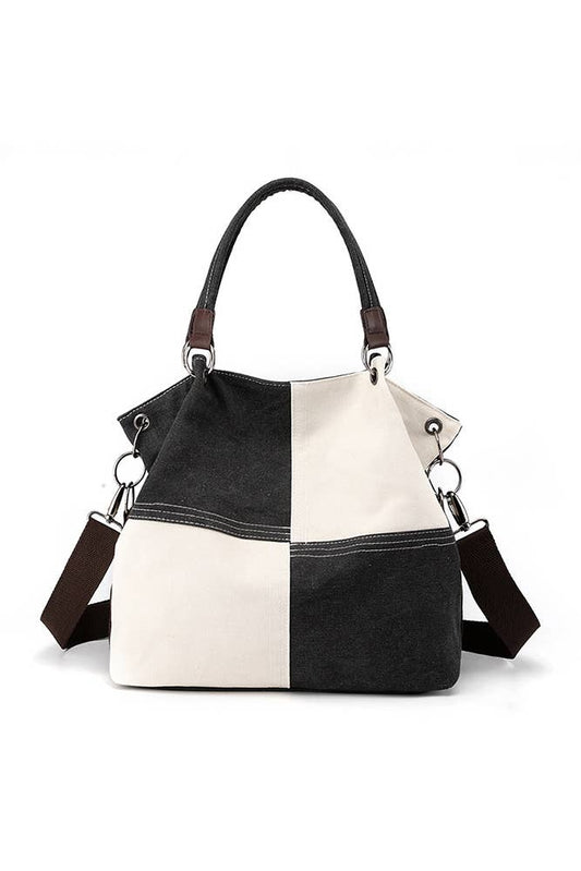 Colour-block Black Canvas Shoulder Bag