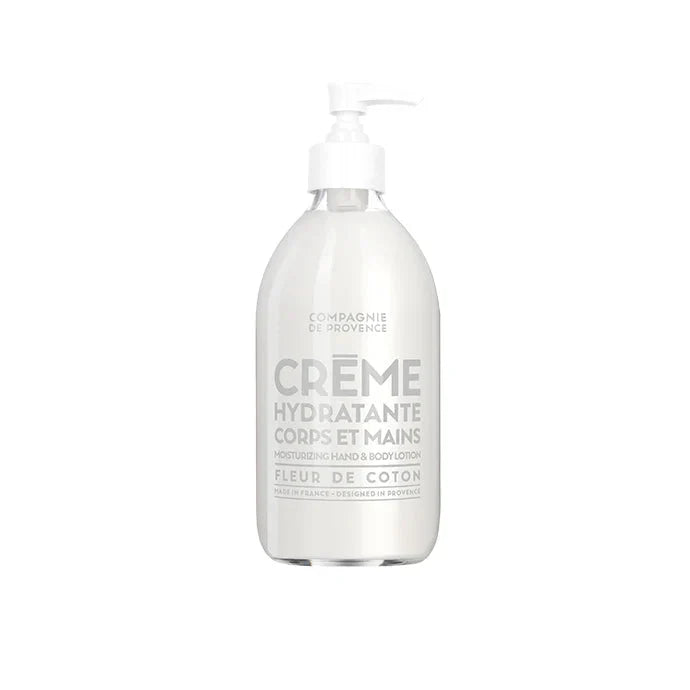 White bottle of crème hydratante corps et mains on a white background