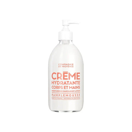 White bottle of Compagnie de Provence hand and body lotion with pink text on a white background