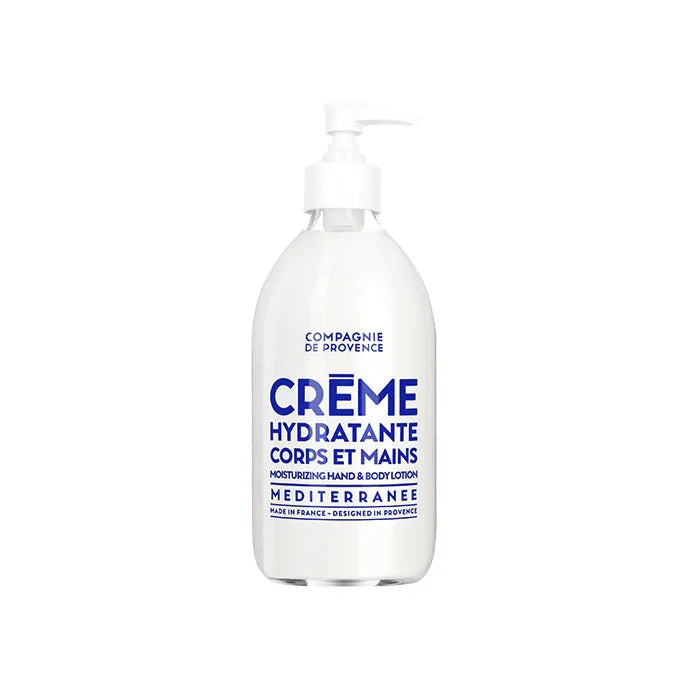 Hydrating cream bottle with blue text on a white background