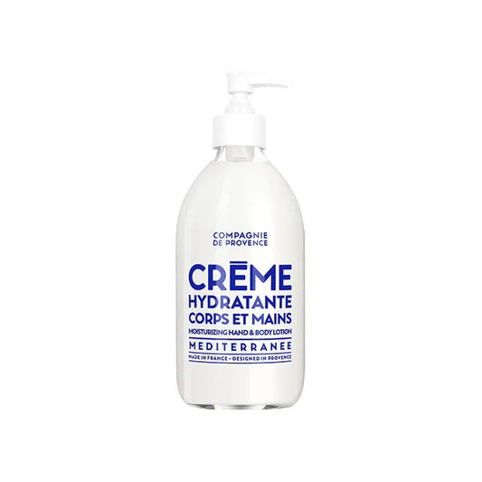 Hydrating cream bottle with blue text on a white background
