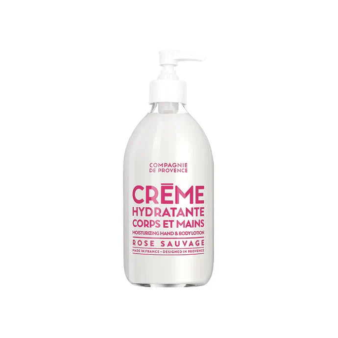 Hydrating hand and body lotion bottle with pink text on a white background