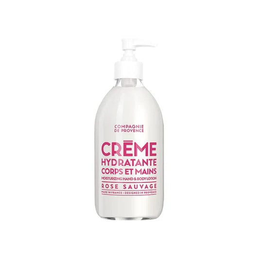 Hydrating hand and body lotion bottle with pink text on a white background
