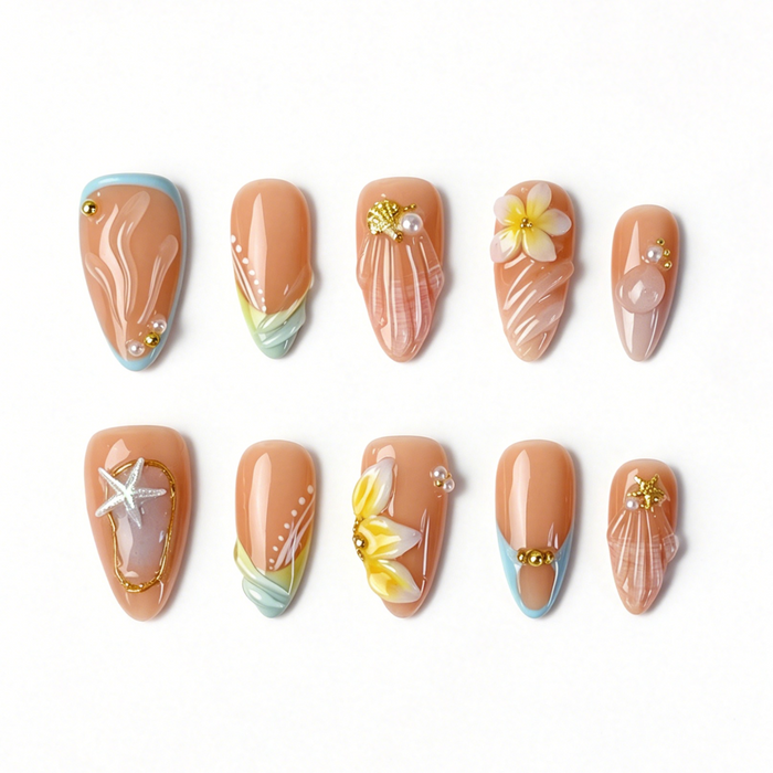 Medium Almond Press On Nails, Summer Beach 3D Plumeria Starfish Shell Pearl Fake Nail Set