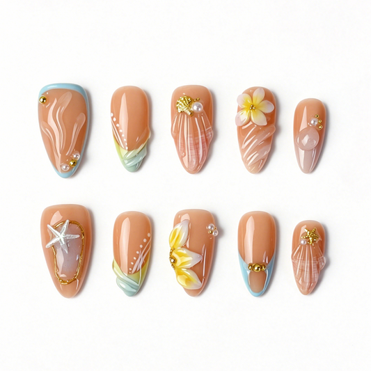 Medium Almond Press On Nails, Summer Beach 3D Plumeria Starfish Shell Pearl Fake Nail Set