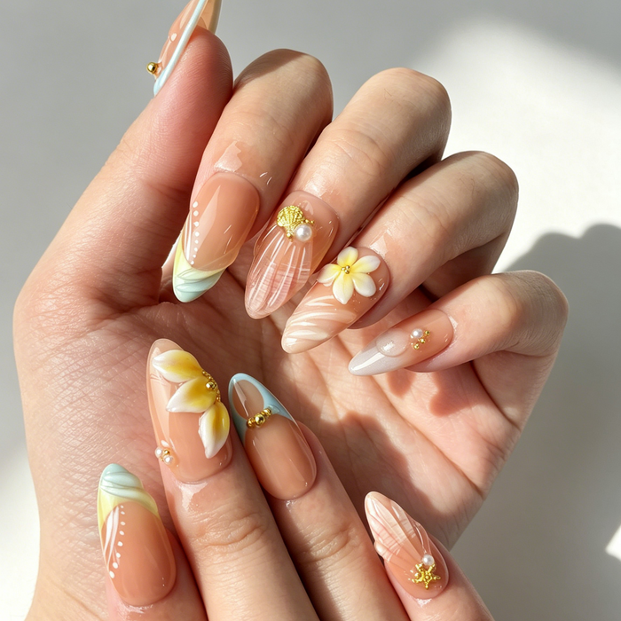 Close Up 3D Ocean Nail Art, Plumeria Flower Starfish Shell Pearl Nail Decor