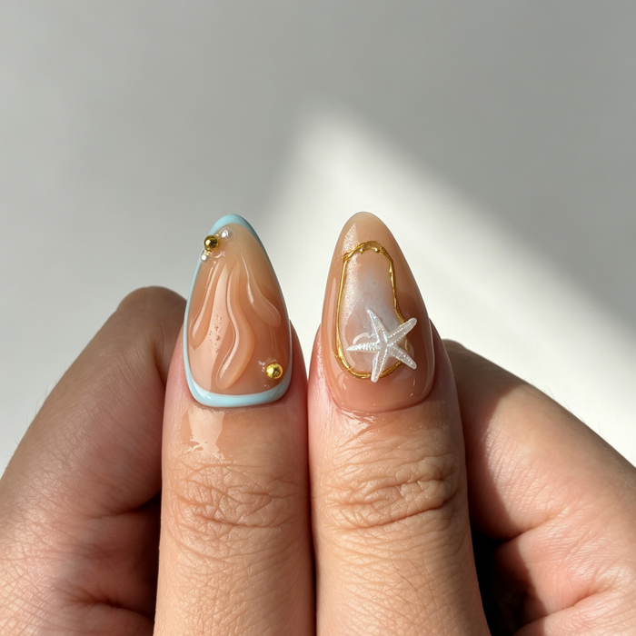 Tropical Beach Plumeria Press On Nails, Medium Almond Starfish Fake Nails