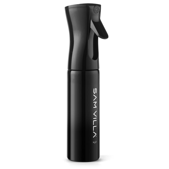 Sam Villa Continuous Mist Spray Bottle, professional salon spray bottle with fine even mist, ergonomic curved design for comfort, 360 degree spraying, prolonged continuous spray, airless technology for no contamination, large spray pattern for quick hair wetting, reduces hand fatigue, best for hairstylists and salon use