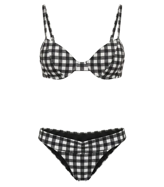 gingham Black and white checkered bikini set on a white background