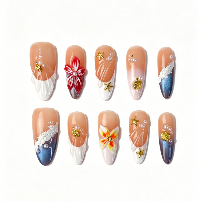 Medium Almond Press On Nails, Ocean Wave 3D Floral Starfish Shell Pearl Fake Nail Set