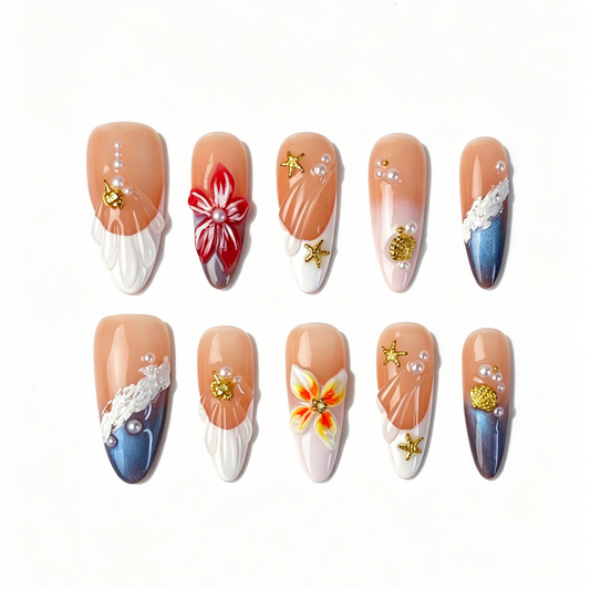 Medium Almond Press On Nails, Ocean Wave 3D Floral Starfish Shell Pearl Fake Nail Set
