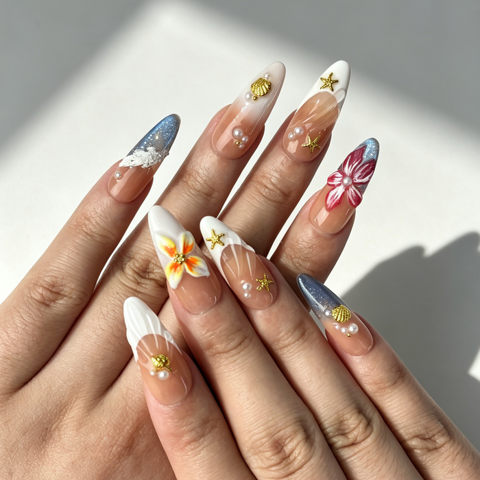 Summer Beach Gradient Press On Nails, Nude Blue Metallic Starfish Flower Nails on Hand