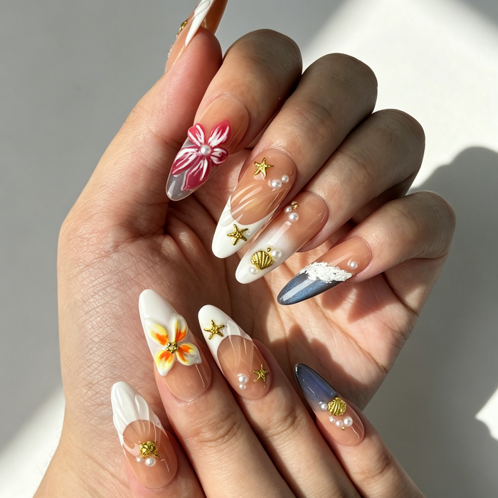 Close Up Ocean Nail Art, 3D Red Floral Starfish Shell Pearl Wave Decor