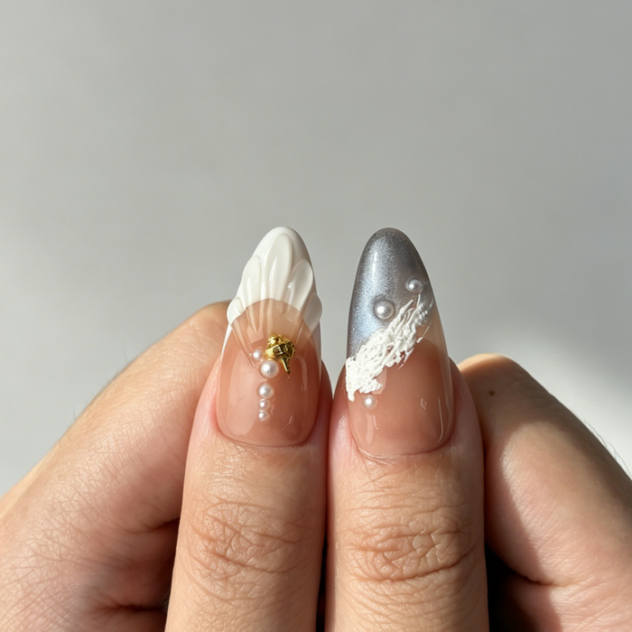 Coastal Ocean Floral Press On Nails, Medium Almond Nude Fake Nails