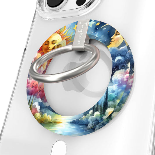 Cosmic Daydream celestial MagSafe phone grip ring with watercolor illustration of a personified sun, crescent moon, and stars in a dreamlike landscape compatible with iPhone and Samsung