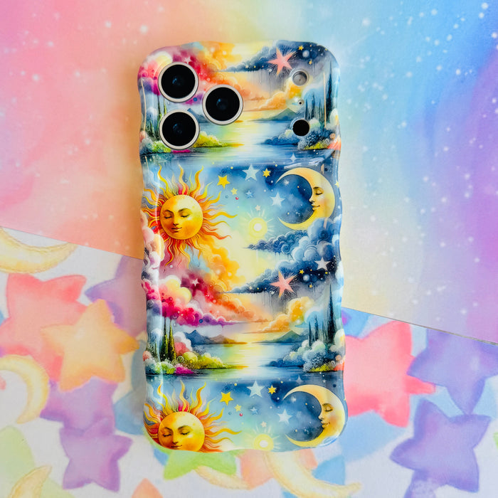 Trendy wavy iPhone case featuring a vibrant celestial surrealism design of a golden sun, crescent moon, and pastel watercolor clouds with a high-gloss finish.