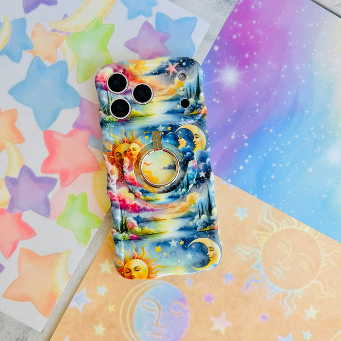 Trendy wavy iPhone case featuring a vibrant celestial surrealism design of a golden sun, crescent moon, and pastel watercolor clouds with a high-gloss finish.