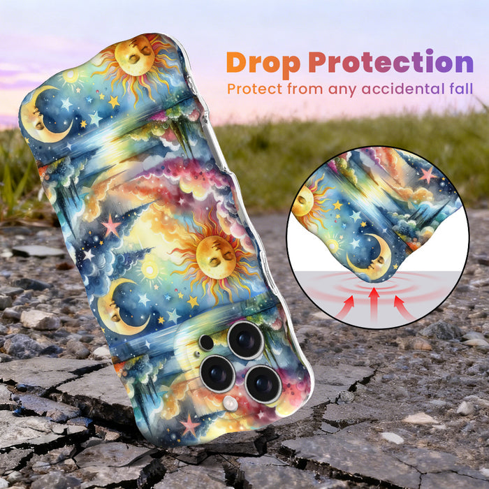 Trendy wavy iPhone case featuring a vibrant celestial surrealism design of a golden sun, crescent moon, and pastel watercolor clouds with a high-gloss finish.