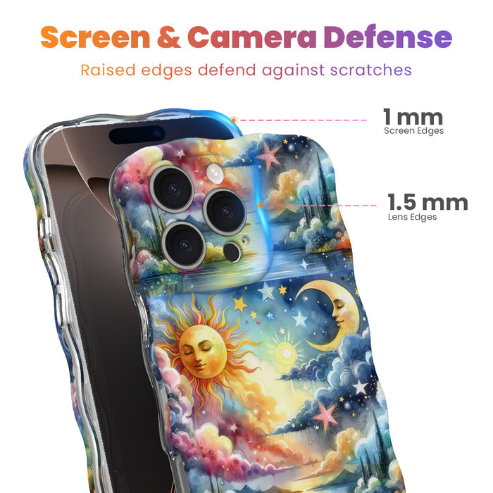 Trendy wavy iPhone case featuring a vibrant celestial surrealism design of a golden sun, crescent moon, and pastel watercolor clouds with a high-gloss finish.