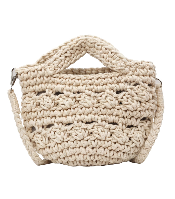 ivory white woven handbag with gold accents on a white background