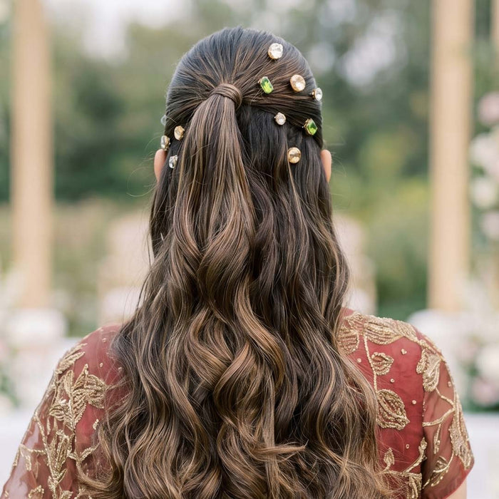 Statement crystal hair pins in vibrant colors - perfect for sangeet, mehendi, and festive styling