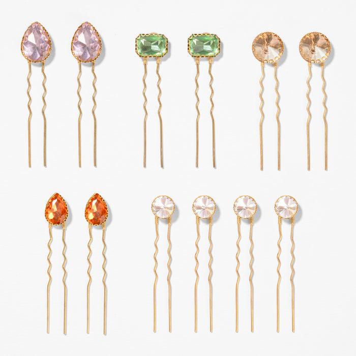 Set of multi-jewel crystal pins with varied shapes - easy-to-use U-pins for playful luxe hairstyles