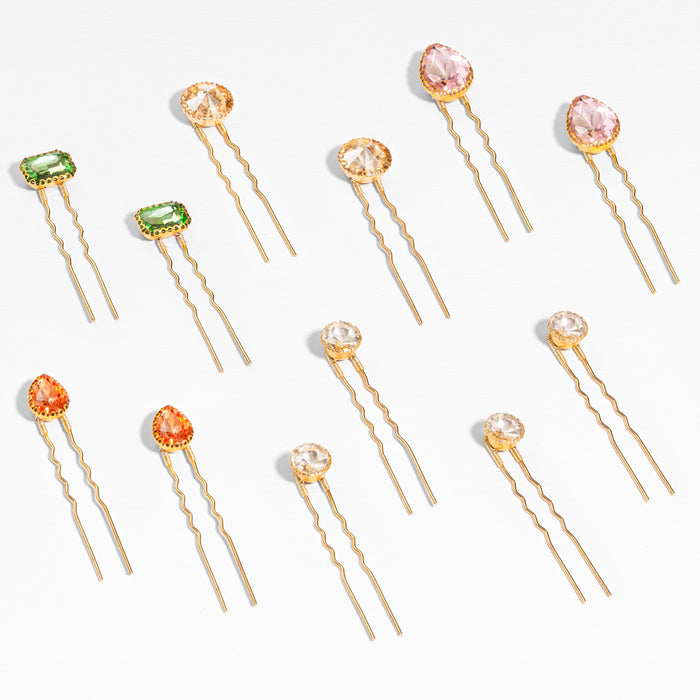 Multi-color crystal pins - green, amber, blush pink, champagne jewels for statement hair