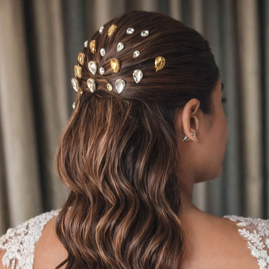 Yellow & silver crystal U-pins scattered in messy bun for everyday hair sparkle and shine