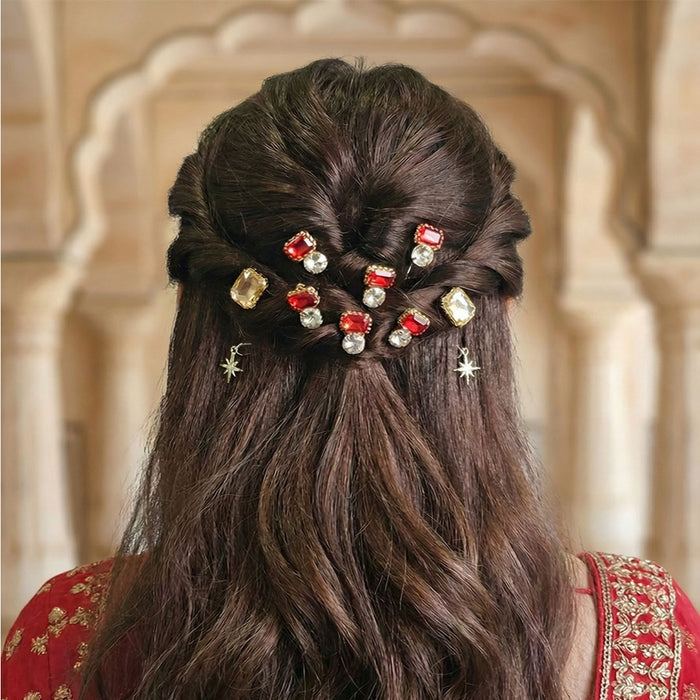 Ruby & silver U-pins with crystal stars tucked into soft waves - easy everyday hair pins