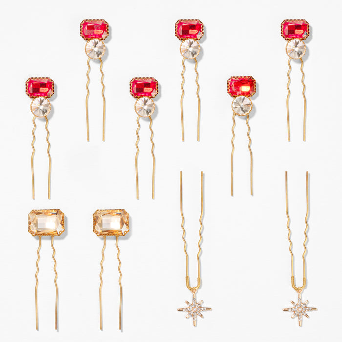 Red crystal bobby pins paired with champagne silver accents for weddings and party updos