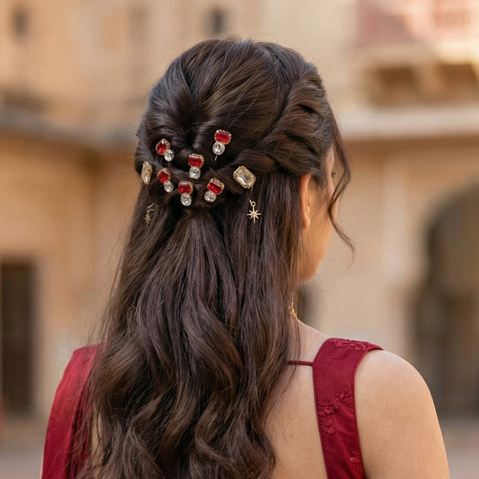 Star charm hair pins in ruby red & silver - sleek bun styling with translucent crystals