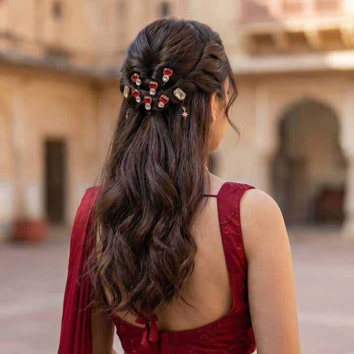 Crystal U-pins set: red ruby stones + silver star charms for effortless bun and wave looks