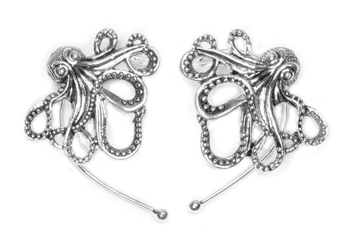 Cthulhu silver elf ear cuffs pair, lightweight no-piercing fantasy jewelry on white background