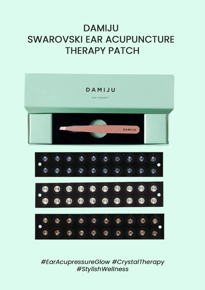 DAMIJu Swarovski ear acupuncture therapy patch packaging on a light green background