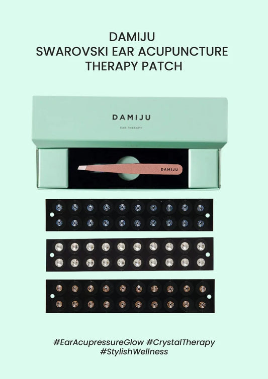 DAMIJu Swarovski ear acupuncture therapy patch packaging on a light green background