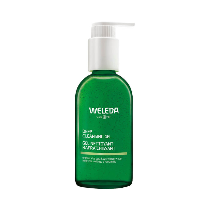 Pump bottle of deep cleansing gel with aloe vera and witch hazel water.