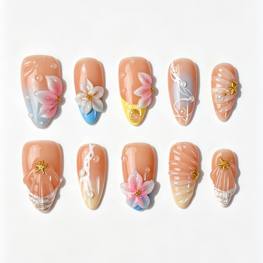Medium Almond Press On Nails, Tropical Beach 3D Flower Starfish Shell Pearl Fake Nail Set