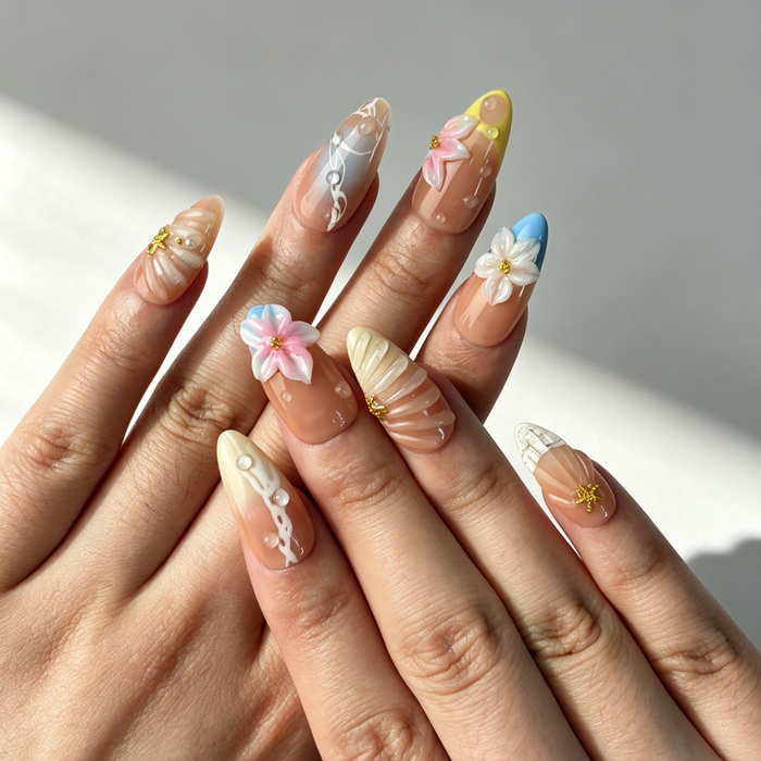 Summer Beach Press On Nails, Nude Gradient 3D Floral Starfish Nails on Hand