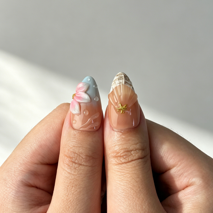 Soft Beach Floral Press On Nails, Medium Almond Starfish Fake Nails
