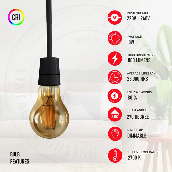 Dimmable led light filament Amber Warm white bulb_E27 A60 8W~4419
