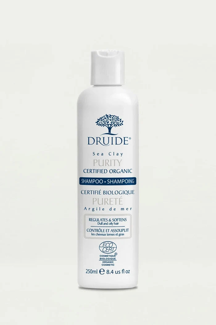 Druide Purity Oily hair Shampoo (250 ml). Ecocert certified organic shampoo for greasy hair shown with a clear background.
