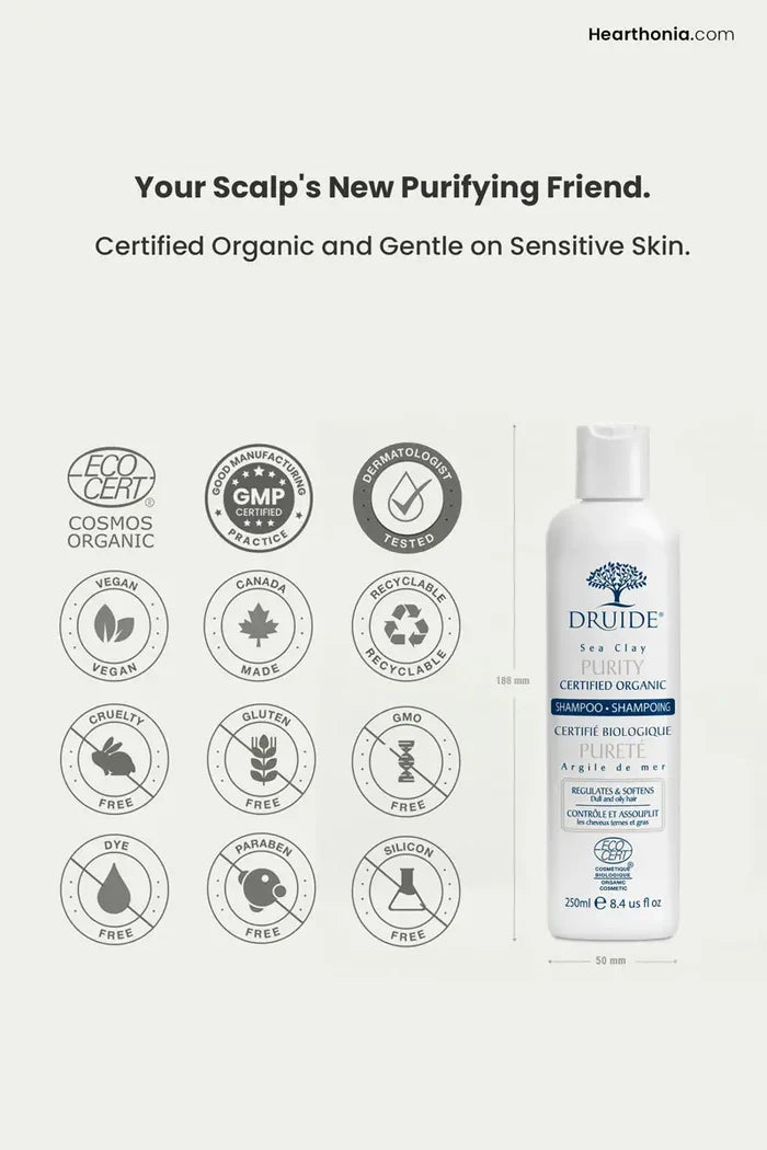 Druide Purity Oily hair Shampoo showing its dimensions of 188 mm height and 50 mm width, placed next to certification icons of ecocert certified cosmos organic, dermatologist tested, montreal, Canada made, paraben free, sulfates free, gmo free, dye free, no animal testing, and vegan.