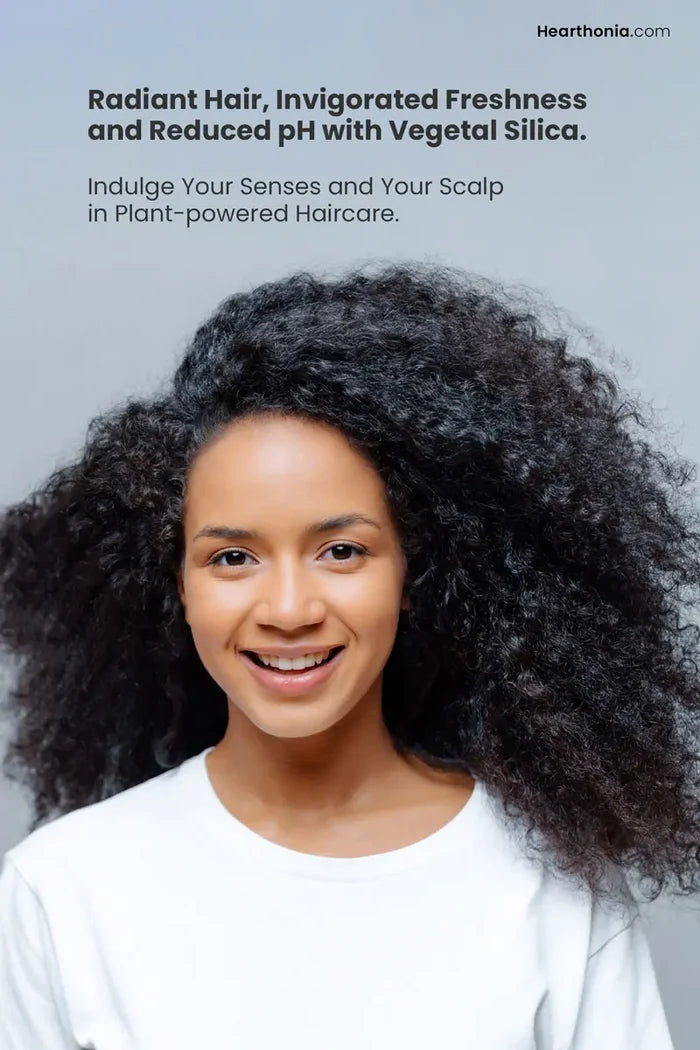 Satisfied Happy lady with curly black healthy hair after using Druide Purity Shampoo with text reading radiant hair invigorated freshness and reduced pH with vegetal silica.
