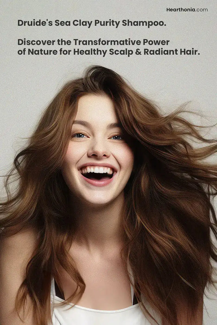 Smiling woman with healthy, flowing auburn hair with text reading discover the transformative power of nature for healthy scalp and radian hair.