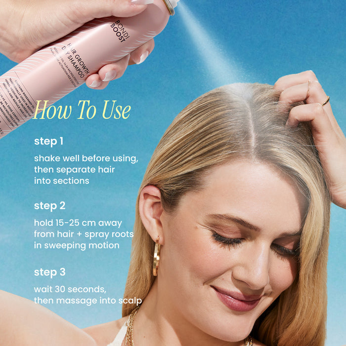 Woman using a hair care product with text on how to use it against a blue background