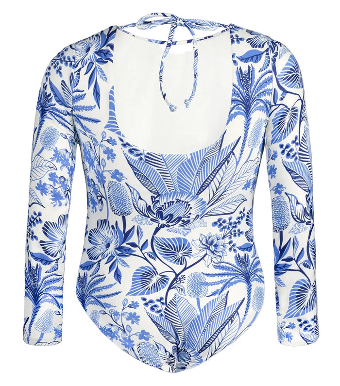 tropical Blue floral patterned swimsuit on a white background
