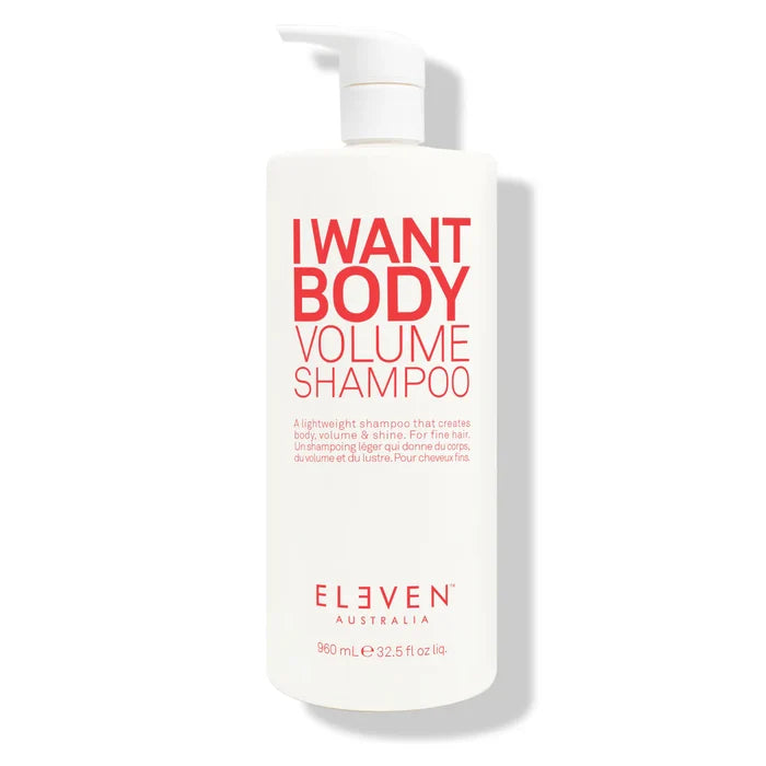 Shampoo bottle labeled 'I Want Body Volume Shampoo' by Eleven Australia on a white background - Hair Care Canada