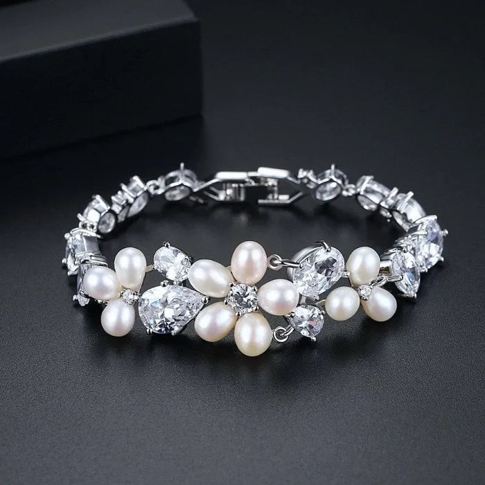 Pearl Wedding Jewelry - Freshwater Pearl and Cubic Zirconia Bridal Bracelet